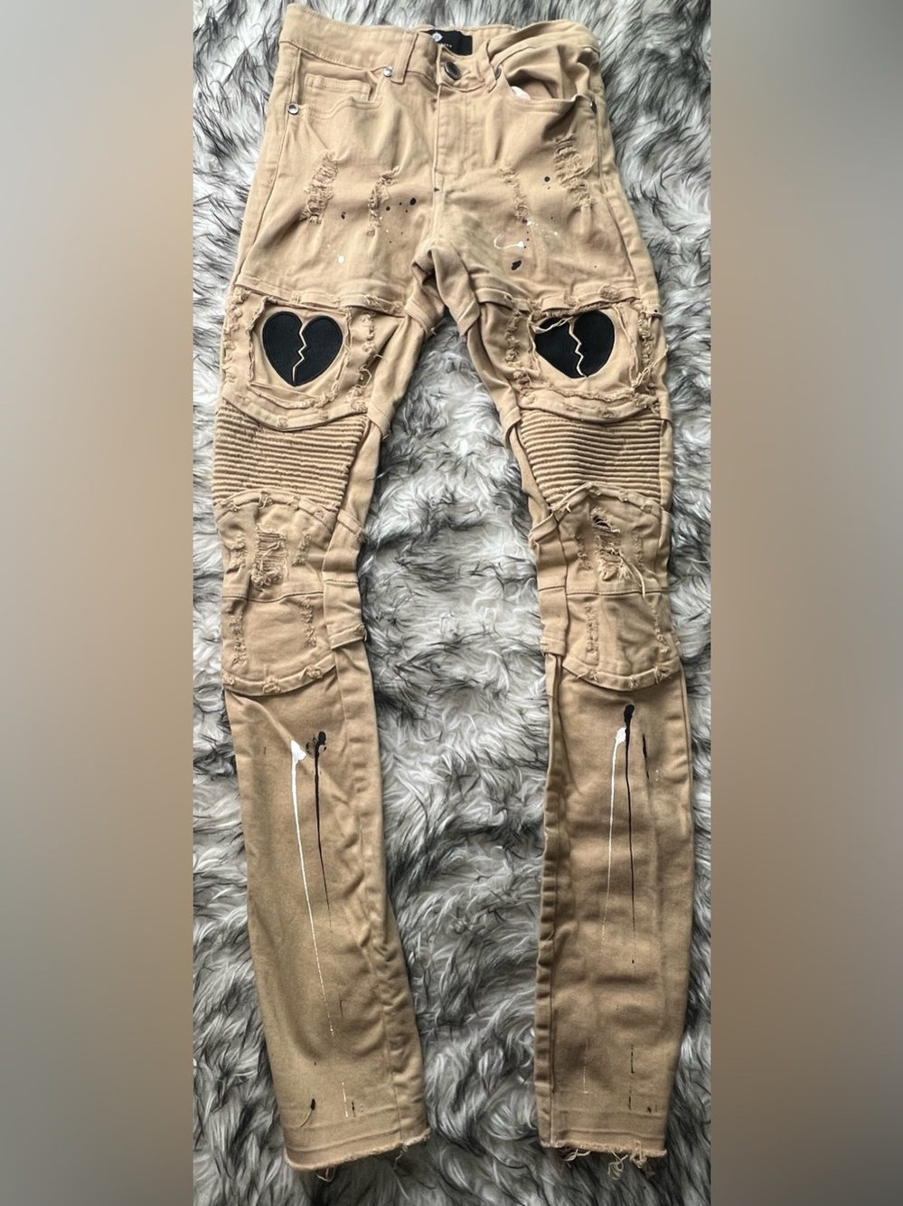FOCUS HEART JEAN 3201 HEART KHAKI / BLACK Distressed Tan Skinny Jeans with Heart